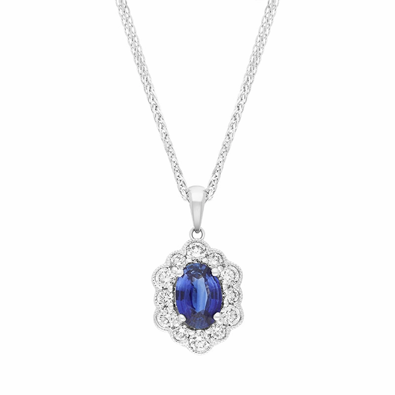 18ct White Gold Sapphire Diamond Cluster Oval Pendant