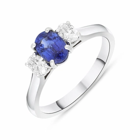 18ct White Gold Sapphire Diamond Oval Cut Three Stone Ring