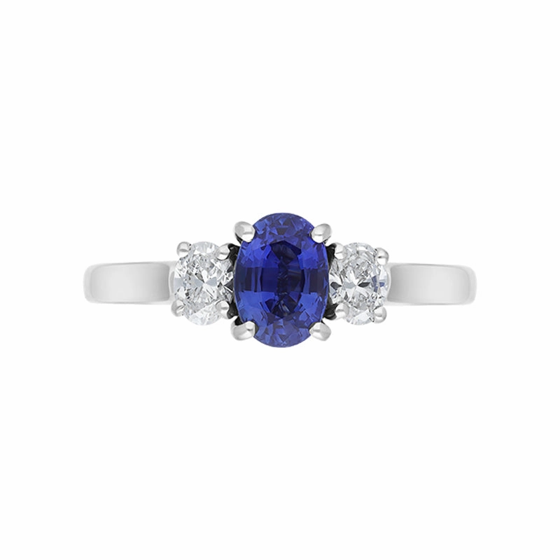 18ct White Gold Sapphire Diamond Oval Cut Three Stone Ring