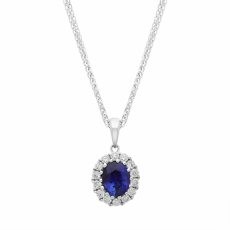 18ct White Gold Sapphire Diamond Pave Oval Pendant