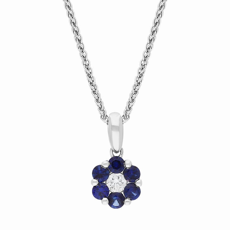 18ct White Gold Sapphire Diamond Round Cluster Pendant