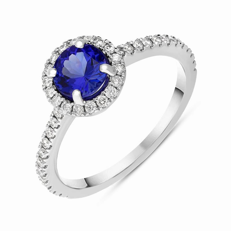 18ct White Gold Tanzanite Diamond Shoulder Set Round Cluster Ring