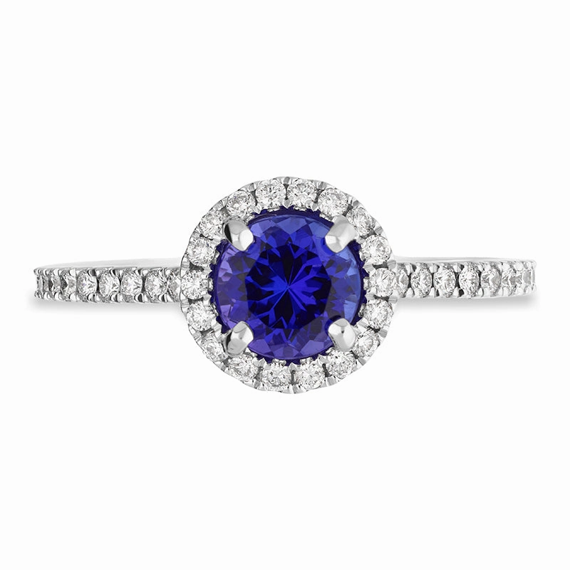 18ct White Gold Tanzanite Diamond Shoulder Set Round Cluster Ring