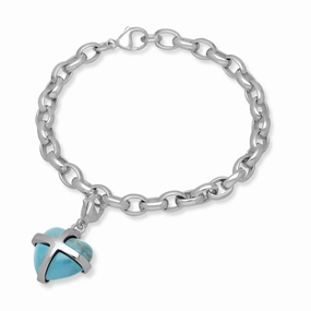 18ct White Gold Turquoise Medium Cross Heart Charm Bracelet