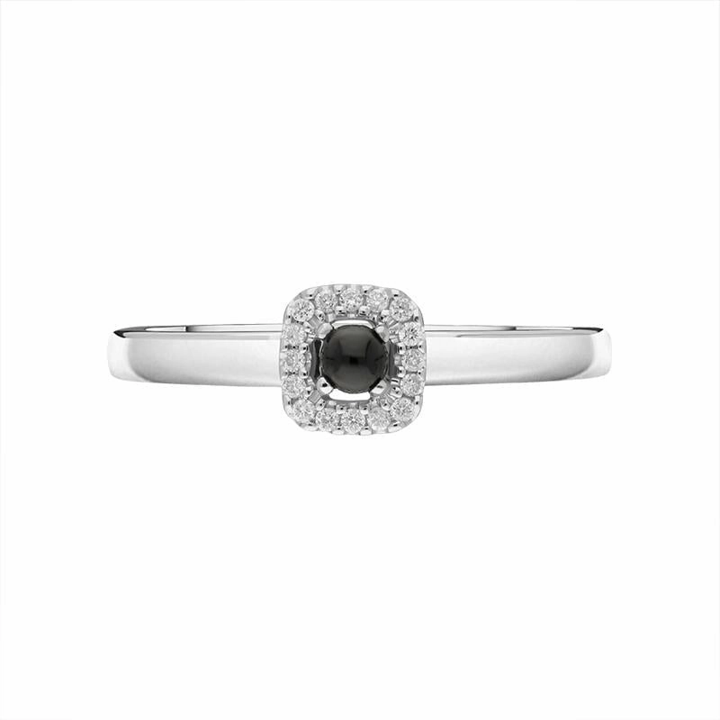 18ct White Gold Whitby Jet 0.07ct Diamond Small Cushion Shaped Ring