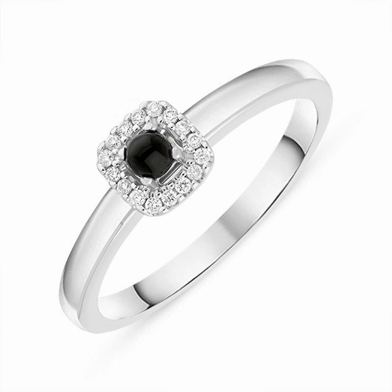 18ct White Gold Whitby Jet 0.07ct Diamond Small Cushion Shaped Ring