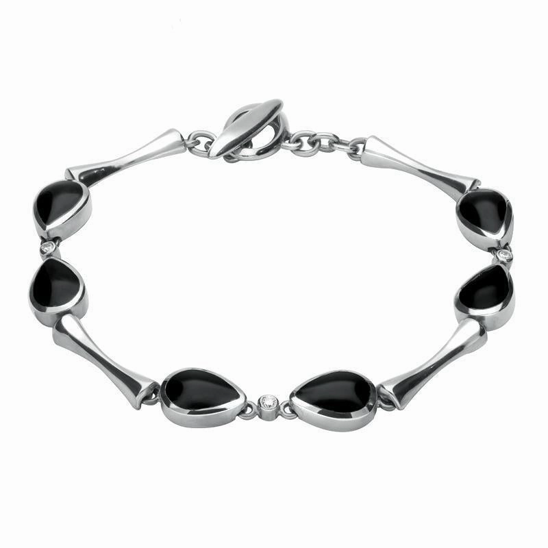 18ct White Gold  Whitby Jet 0.09ct Diamond Six Stone Pear Bracelet