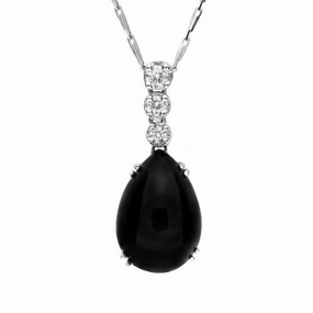 18ct White Gold Whitby Jet 0.15ct Diamond Pear Cut Necklace