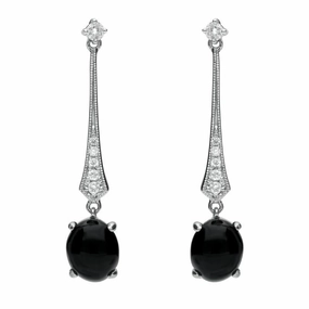 18ct White Gold Whitby Jet 0.16ct Diamond Long Drop Earrings D