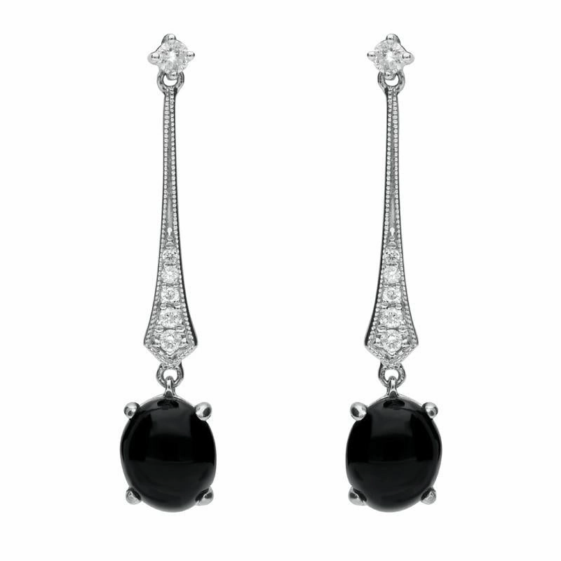 18ct White Gold Whitby Jet 0.16ct Diamond Long Drop Earrings D