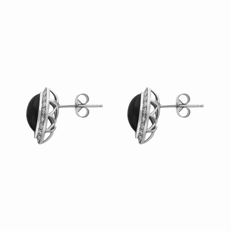 18ct White Gold Whitby Jet 0.18ct Diamond Marquise Pave Edge Stud Earrings