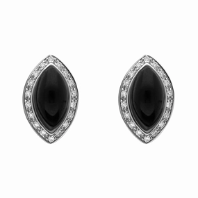 18ct White Gold Whitby Jet 0.18ct Diamond Marquise Pave Edge Stud Earrings