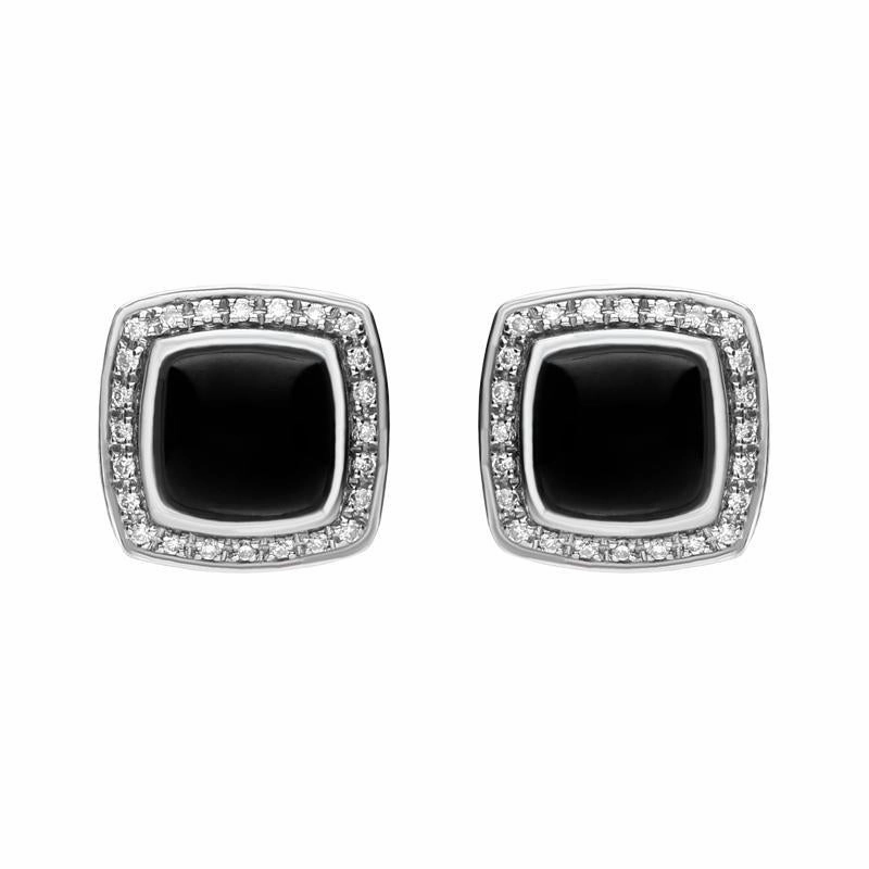 18ct White Gold Whitby Jet 0.18ct Diamond Square Stud Earrings D