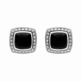 18ct White Gold Whitby Jet 0.18ct Diamond Square Stud Earrings D