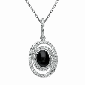 18ct White Gold Whitby Jet 0.38ct Diamond Oval Spiral Design Necklace D