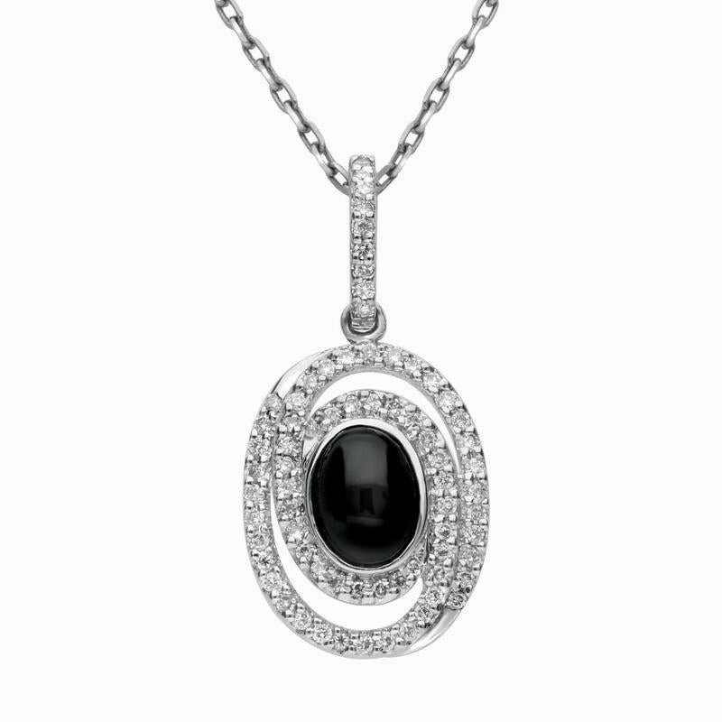 18ct White Gold Whitby Jet 0.38ct Diamond Oval Spiral Design Necklace D
