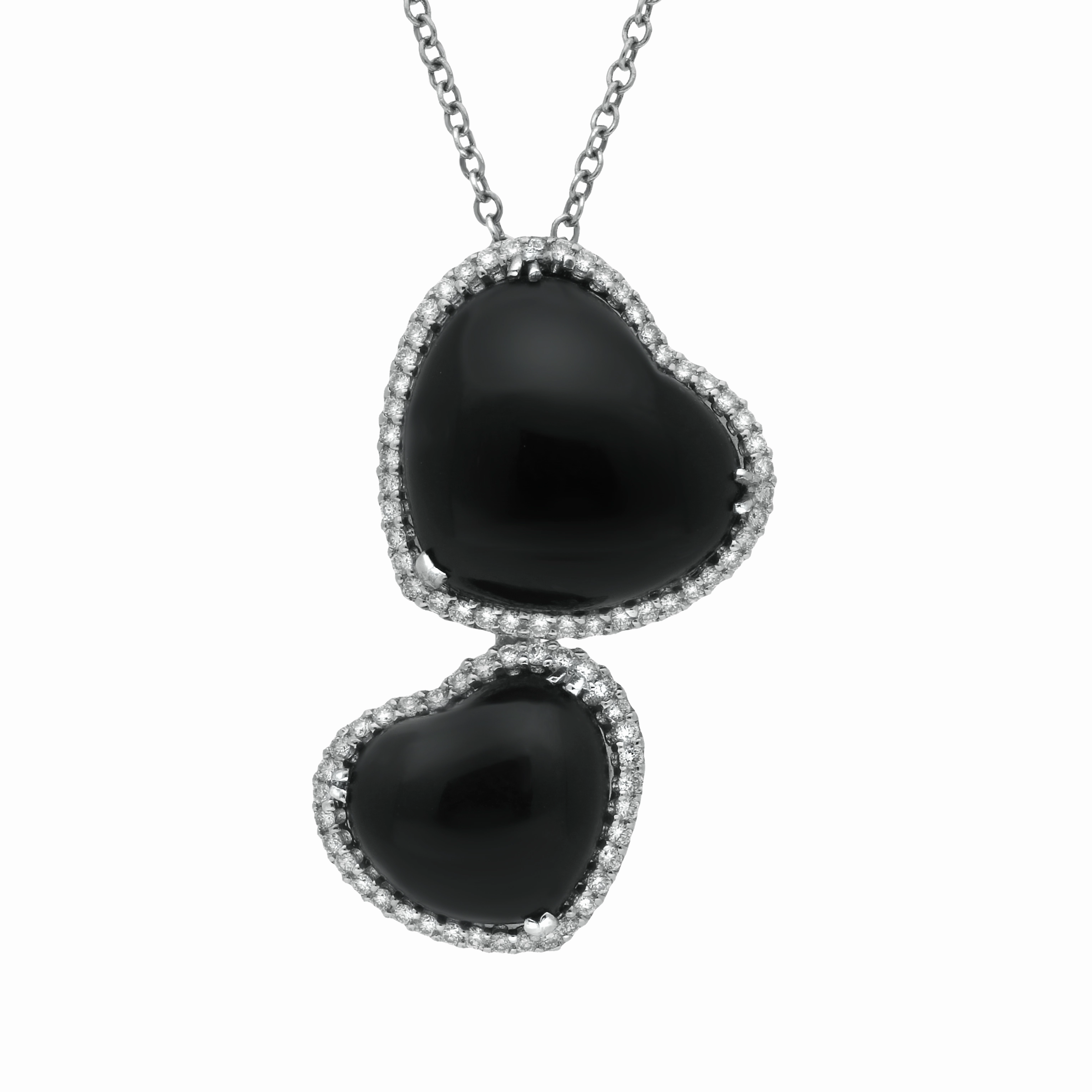 18ct White Gold Whitby Jet 0.53ct Diamond Double Heart Necklace D