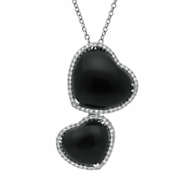 18ct White Gold Whitby Jet 0.53ct Diamond Double Heart Necklace D