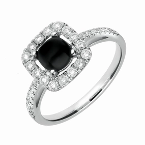 18ct White Gold Whitby Jet and 1.00ct Diamond Cushion Ring
