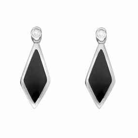 18ct White Gold Whitby Jet and Diamond Dinky Drop Earrings D