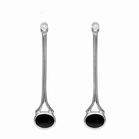 18ct White Gold Whitby Jet and Diamond Long Drop Earrings