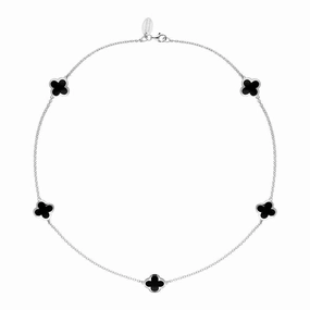 18ct White Gold Whitby Jet Bloom Four Leaf Clover Necklace