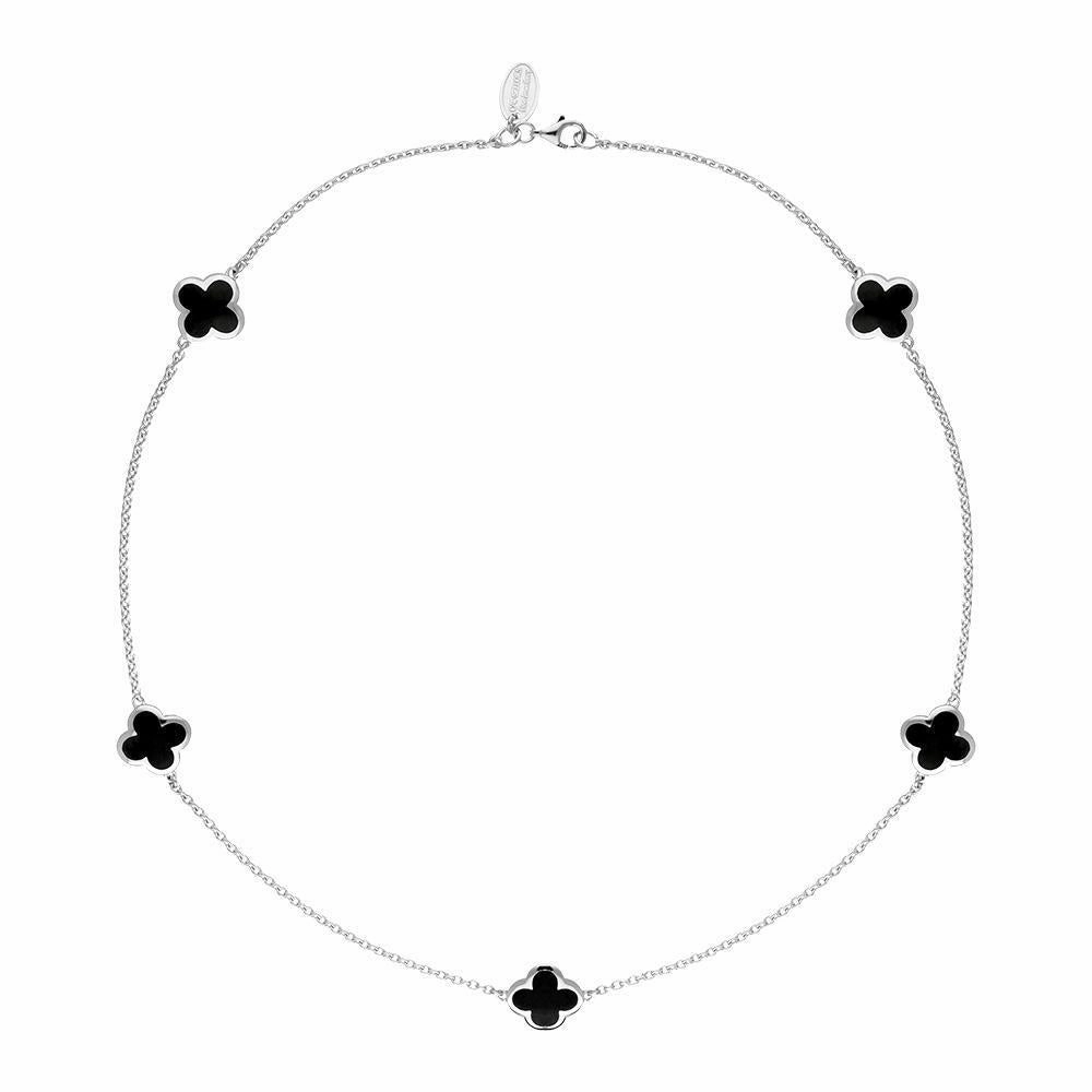 18ct White Gold Whitby Jet Bloom Four Leaf Clover Necklace