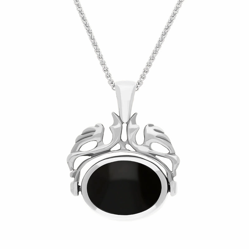 18ct White Gold Whitby Jet Blue John Double Sided Oval Swivel Fob Necklace