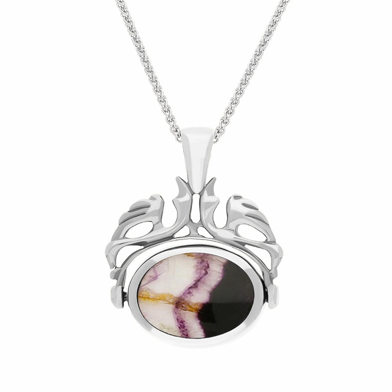 18ct White Gold Whitby Jet Blue John Double Sided Oval Swivel Fob Necklace