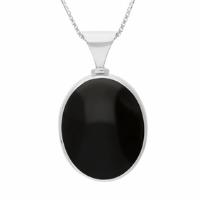 18ct White Gold Whitby Jet Blue John King's Coronation Hallmark Double Sided Oval Necklace D