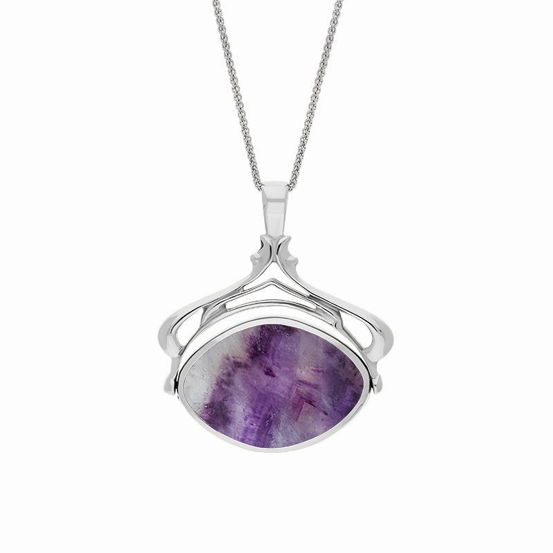 18ct White Gold Whitby Jet Blue John Marquise Swivel Fob Necklace