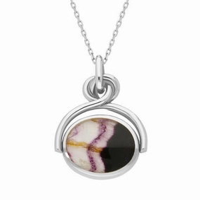 18ct White Gold Whitby Jet Blue John Oval Swivel Fob Necklace