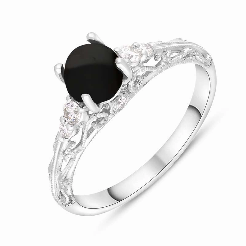 18ct White Gold Whitby Jet Diamond 0.18ct Ornate Claw Set Ring