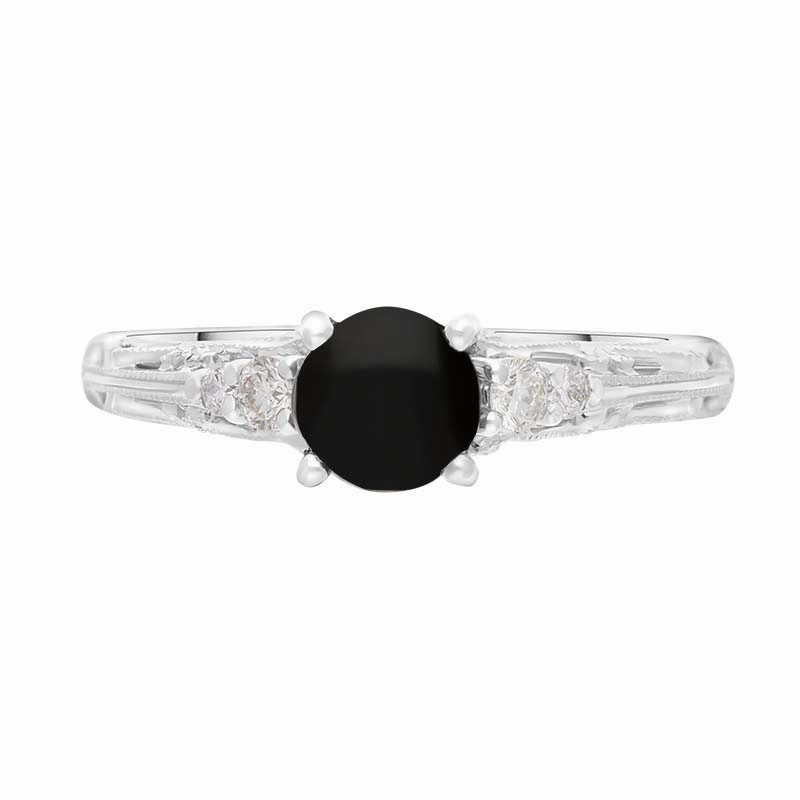 18ct White Gold Whitby Jet Diamond 0.18ct Ornate Claw Set Ring