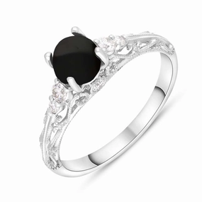 18ct White Gold Whitby Jet Diamond 0.18ct Ornate Claw Set Ring
