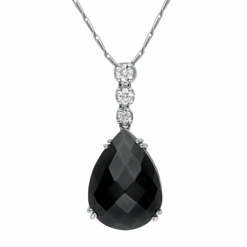 18ct White Gold Whitby Jet Diamond Claw Set Pear Unique Necklace