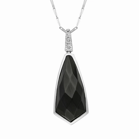 18ct White Gold Whitby Jet Diamond Faceted Abstract Shaped Necklace
