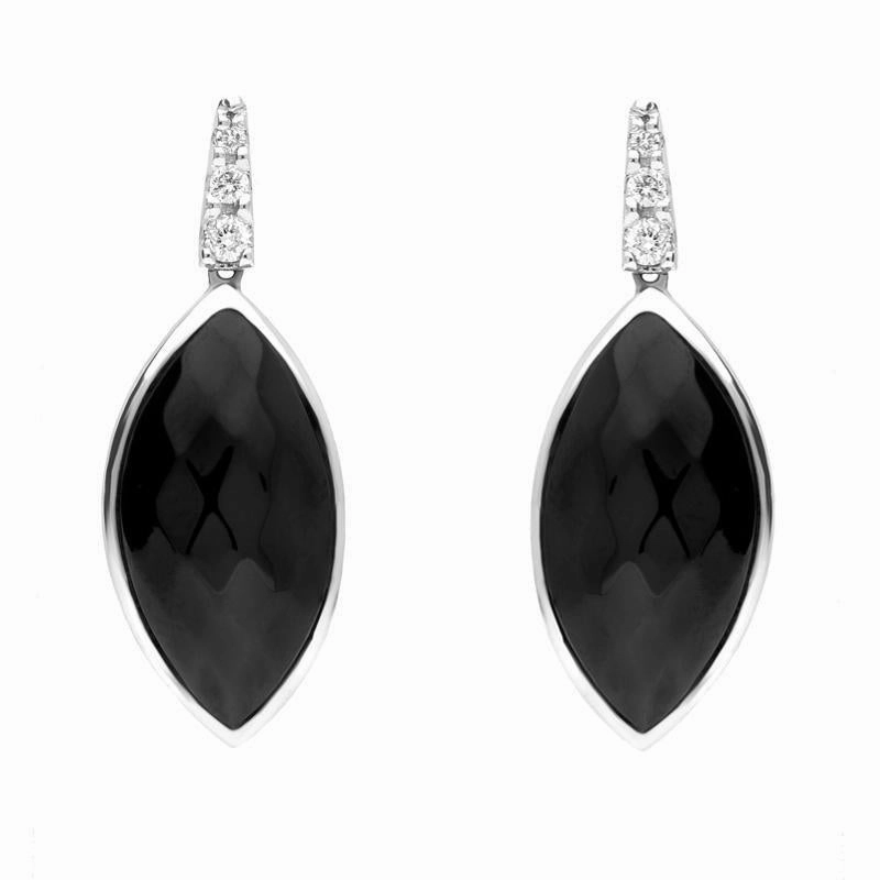 18ct White Gold Whitby Jet Diamond Faceted Long Marquise Earrings D