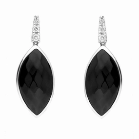 18ct White Gold Whitby Jet Diamond Faceted Long Marquise Earrings D
