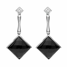 18ct White Gold Whitby Jet Diamond Faceted Square Earrings D