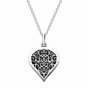 18ct White Gold Whitby Jet Flore Filigree Medium Heart Necklace