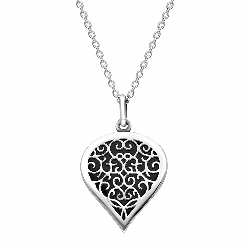 18ct White Gold Whitby Jet Flore Filigree Medium Heart Necklace