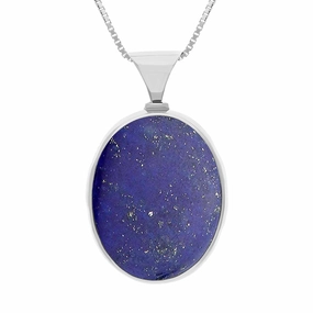18ct White Gold Whitby Jet Lapis King's Coronation Hallmark Double Sided Oval Necklace D