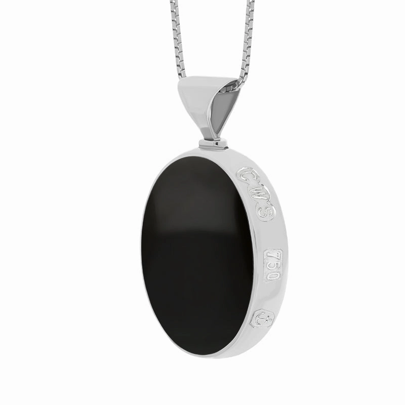 18ct White Gold Whitby Jet Lapis King's Coronation Hallmark Double Sided Oval Necklace D