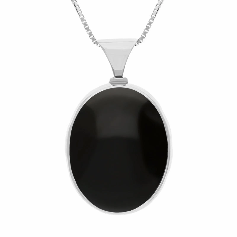18ct White Gold Whitby Jet Lapis King's Coronation Hallmark Double Sided Oval Necklace D