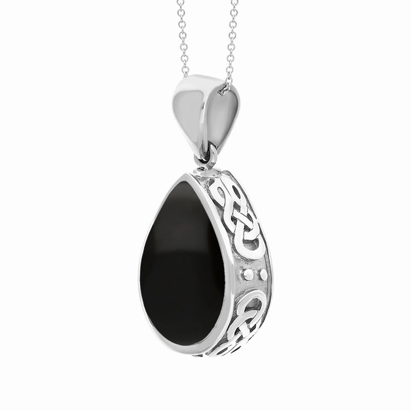 18ct White Gold Whitby Jet Lapis Lazuli Double Sided Celtic Pear Cut Fob Necklace
