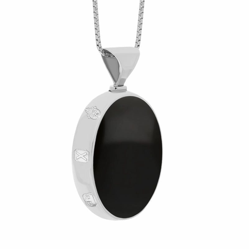 18ct White Gold Whitby Jet Lapis Lazuli Queens Jubilee Hallmark Double Sided Oval Necklace D