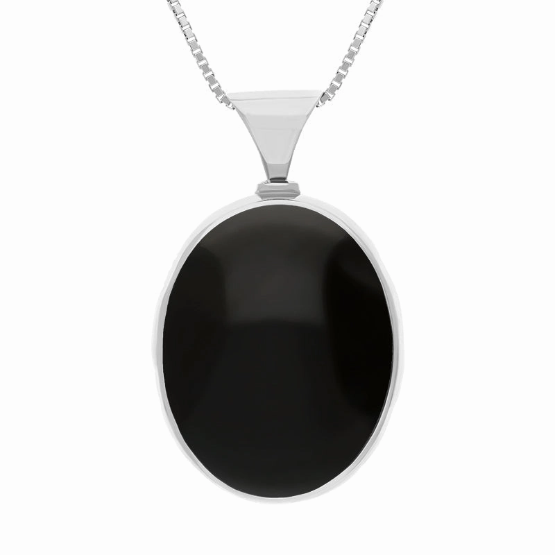 18ct White Gold Whitby Jet Lapis Lazuli Queens Jubilee Hallmark Double Sided Oval Necklace D