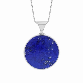 18ct White Gold Whitby Jet Lapis Lazuli Queens Jubilee Hallmark Double Sided Round Necklace D