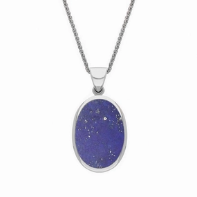 18ct White Gold Whitby Jet Lapis Lazuli Small Double Sided Fob Necklace